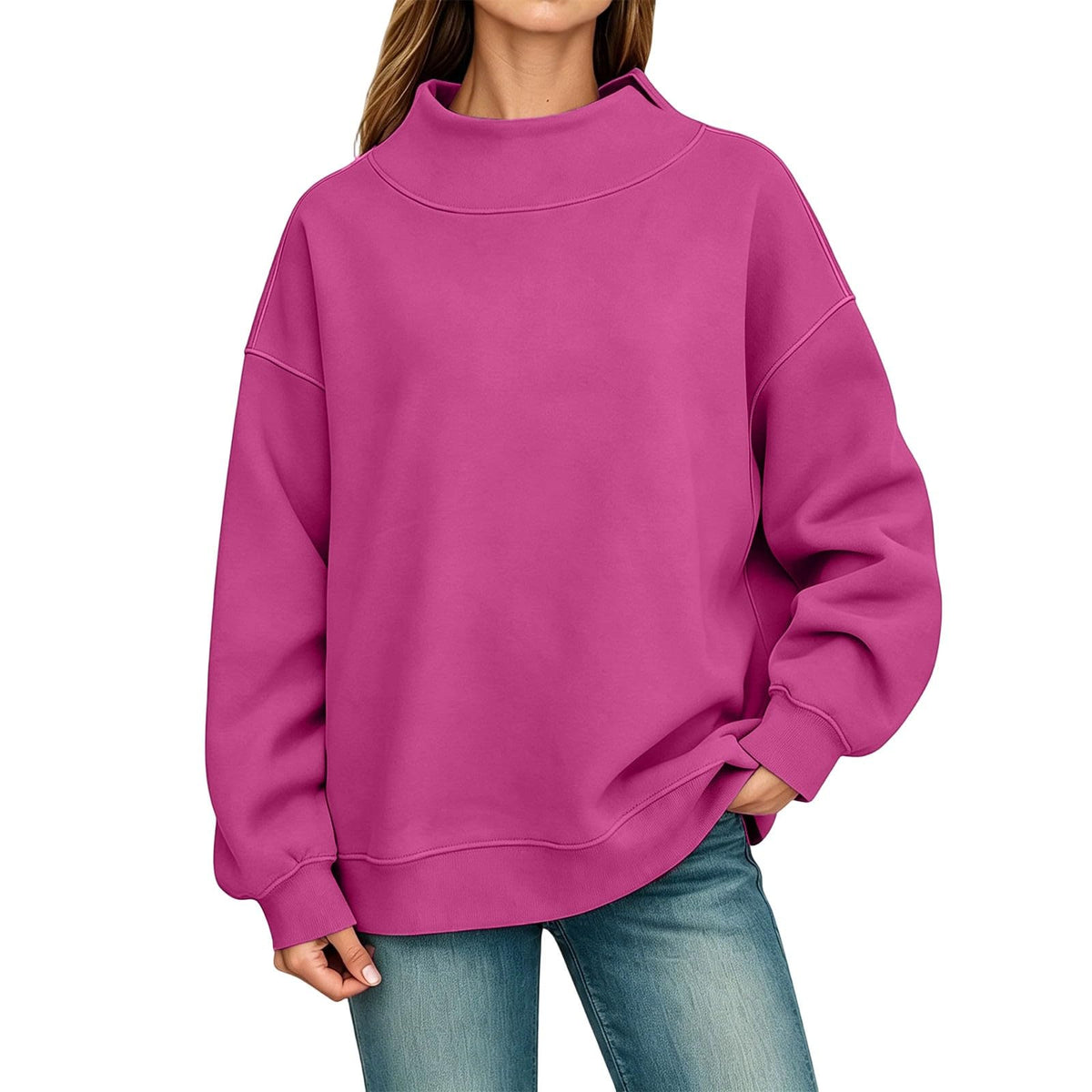 Generisch Pullover Damen Rundhals Sweatshirt Winter Langarmshirt Kragen mit Rundkragen und Schlitz Oberteil Top Oversize Locker Geschnitten Winterpullover Casual Pulli Damenpullover Elegant Pulli