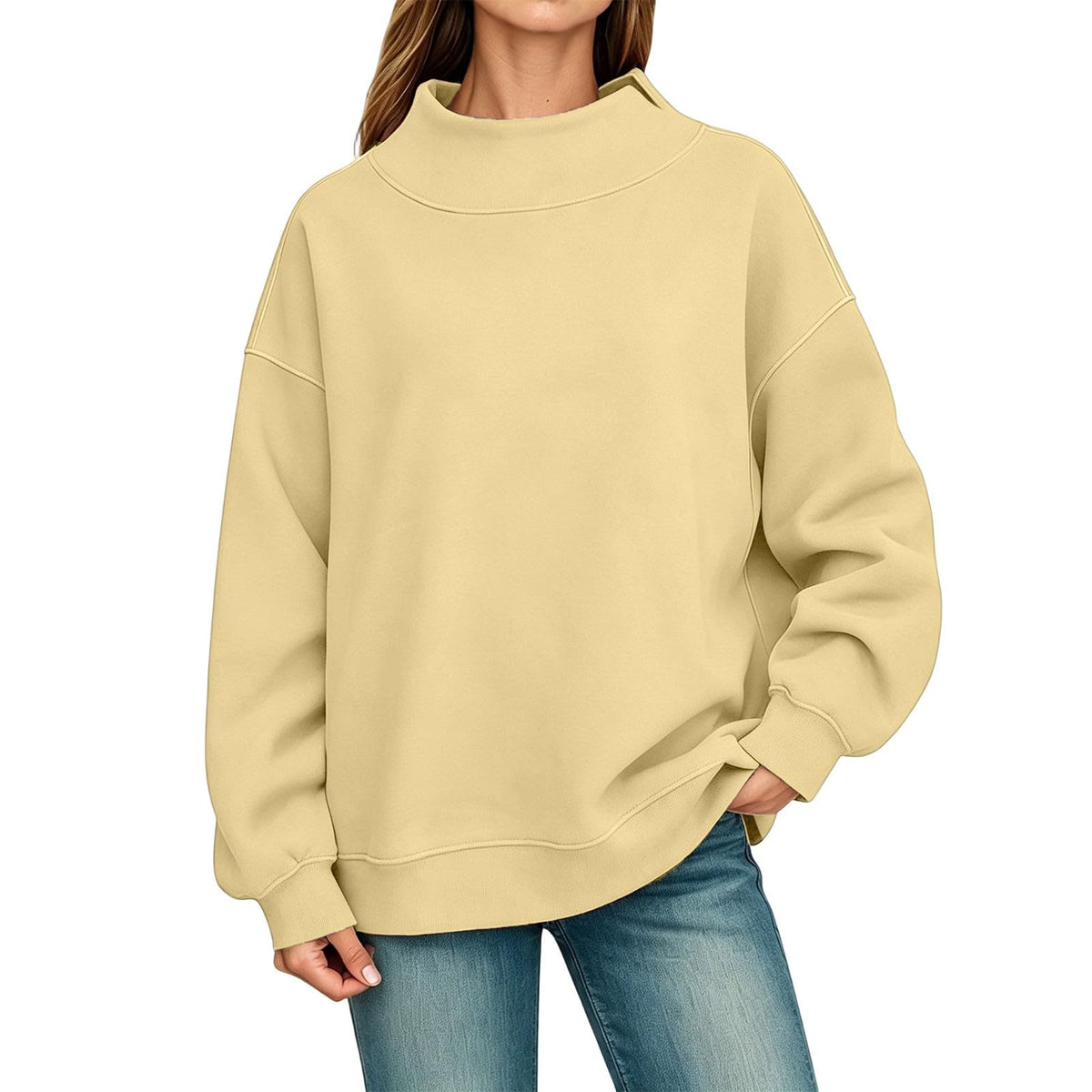 Generisch Pullover Damen Rundhals Sweatshirt Winter Langarmshirt Kragen mit Rundkragen und Schlitz Oberteil Top Oversize Locker Geschnitten Winterpullover Casual Pulli Damenpullover Elegant Pulli