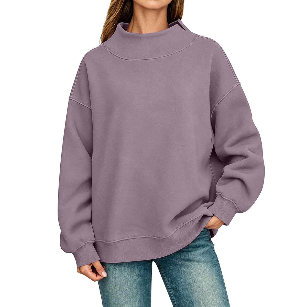 Generisch Pullover Damen Rundhals Sweatshirt Winter Langarmshirt Kragen mit Rundkragen und Schlitz Oberteil Top Oversize Locker Geschnitten Winterpullover Casual Pulli Damenpullover Elegant Pulli