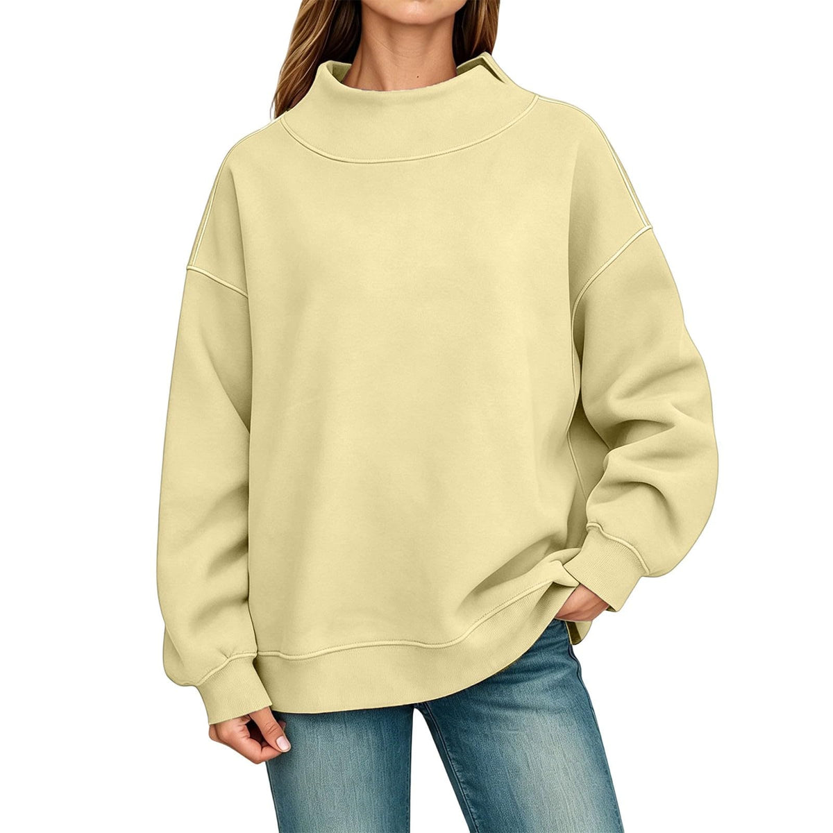 Generisch Pullover Damen Rundhals Sweatshirt Winter Langarmshirt Kragen mit Rundkragen und Schlitz Oberteil Top Oversize Locker Geschnitten Winterpullover Casual Pulli Damenpullover Elegant Pulli