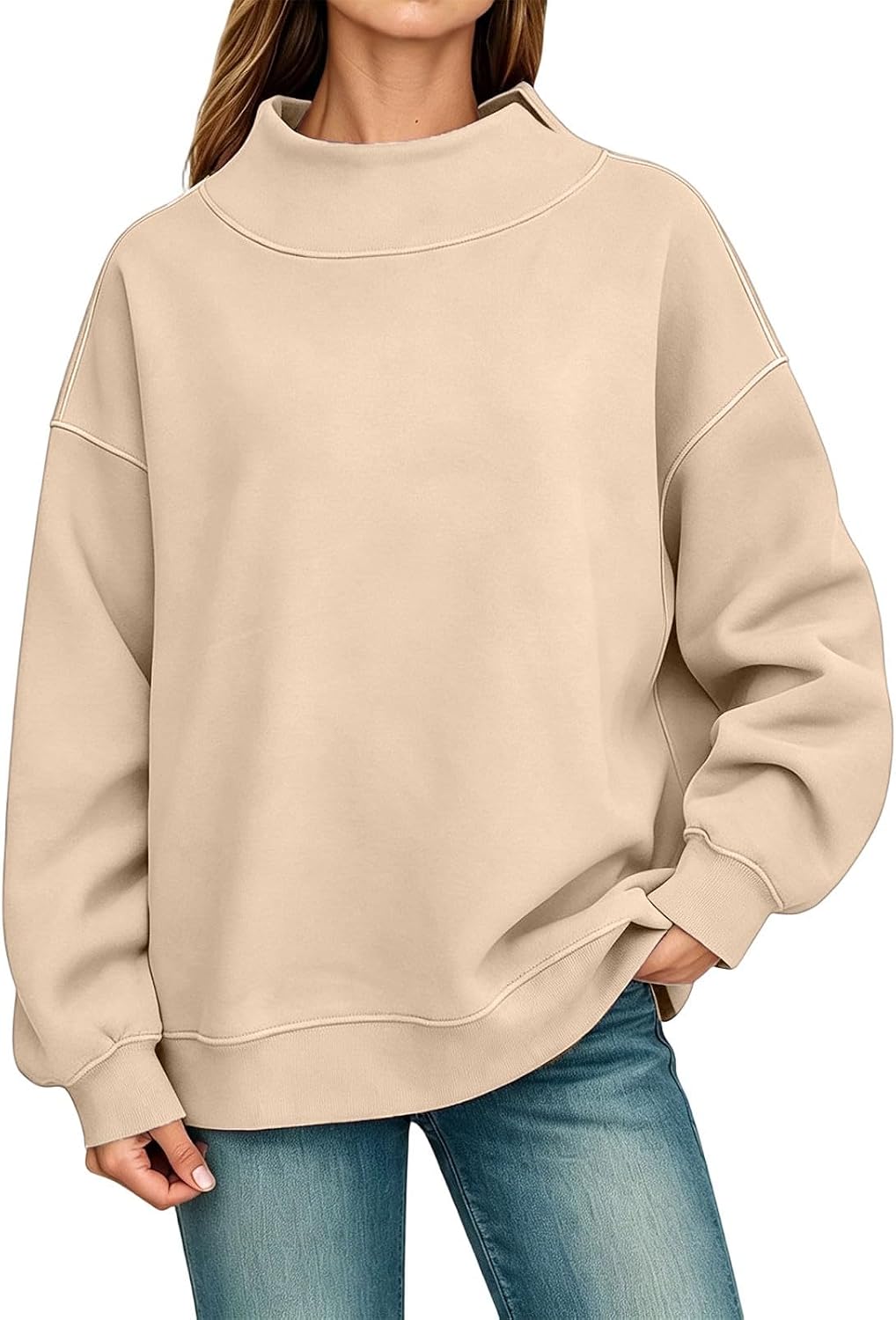 Generisch Pullover Damen Rundhals Sweatshirt Winter Langarmshirt Kragen mit Rundkragen und Schlitz Oberteil Top Oversize Locker Geschnitten Winterpullover Casual Pulli Damenpullover Elegant Pulli