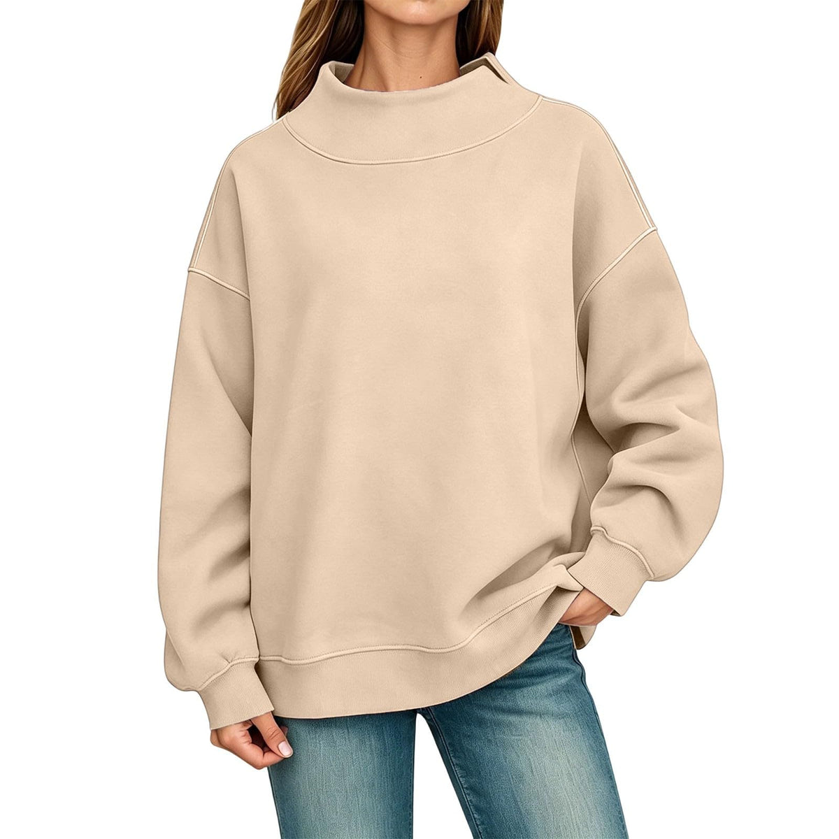 Generisch Pullover Damen Rundhals Sweatshirt Winter Langarmshirt Kragen mit Rundkragen und Schlitz Oberteil Top Oversize Locker Geschnitten Winterpullover Casual Pulli Damenpullover Elegant Pulli