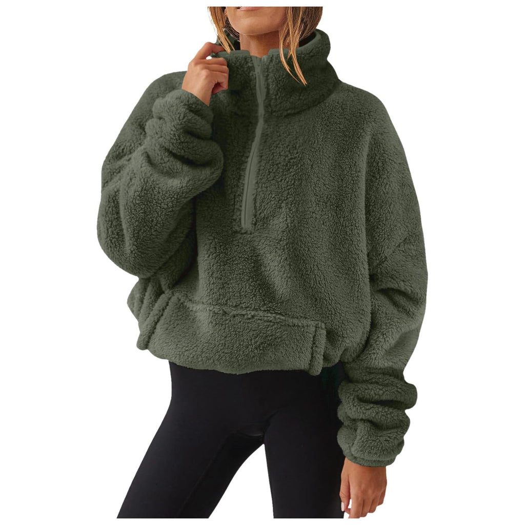 Generisch Fleece Pullover Damen Mit Viertelreißverschluss Teddyfleece Sweatshirts Damen Warme Pullover 1/4 Zip Teddyjacke Flauschig Fleece Winter Sweatshirt Gepolstert mit Stehkragen