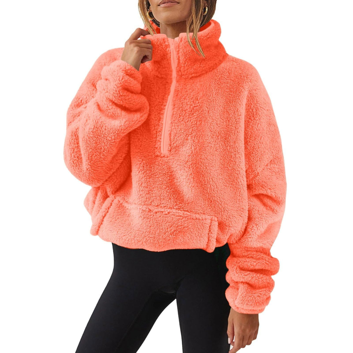 Generisch Fleece Pullover Damen Mit Viertelreißverschluss Teddyfleece Sweatshirts Damen Warme Pullover 1/4 Zip Teddyjacke Flauschig Fleece Winter Sweatshirt Gepolstert mit Stehkragen
