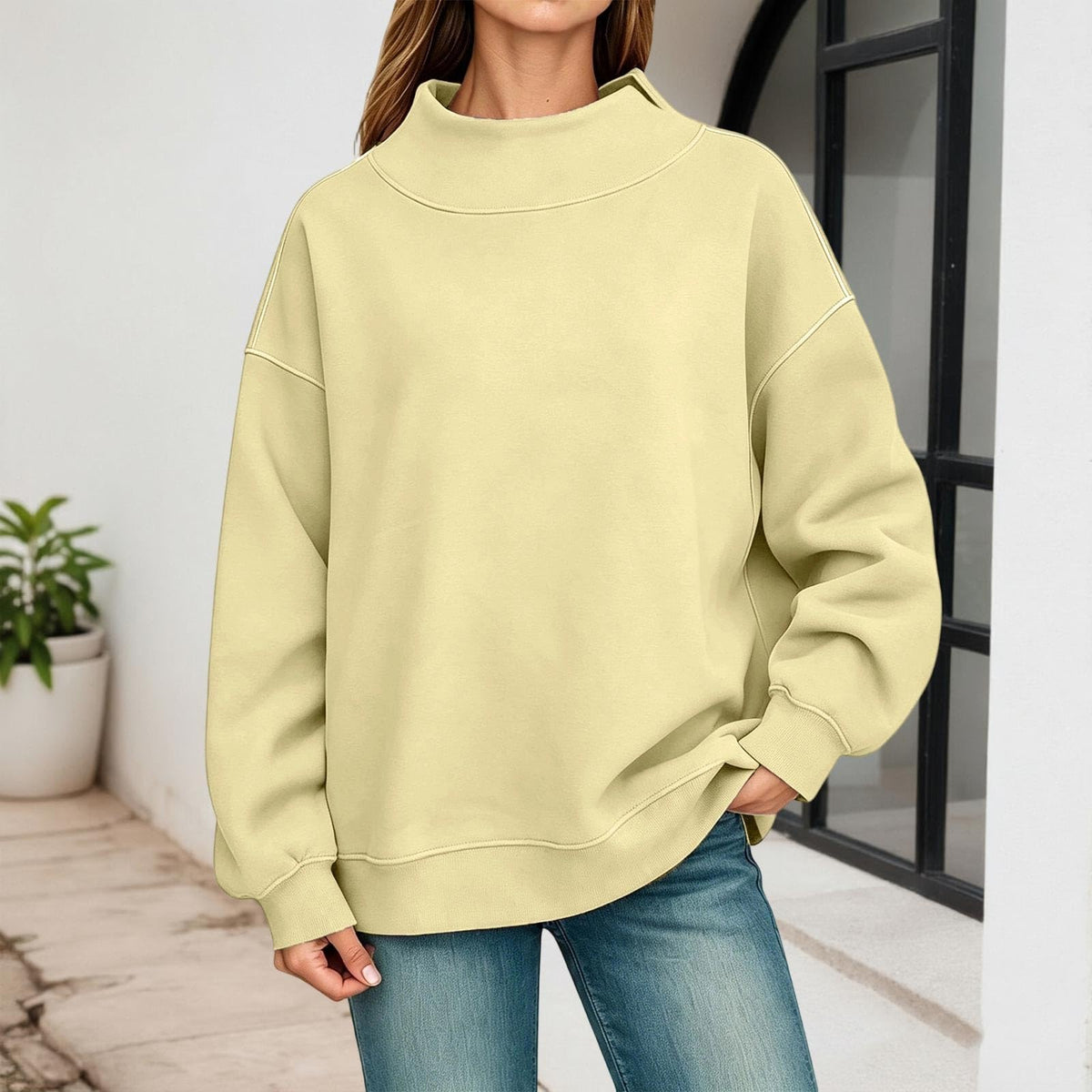 Generisch Pullover Damen Rundhals Sweatshirt Winter Langarmshirt Kragen mit Rundkragen und Schlitz Oberteil Top Oversize Locker Geschnitten Winterpullover Casual Pulli Damenpullover Elegant Pulli
