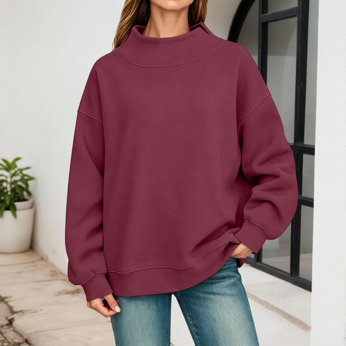 Generisch Pullover Damen Rundhals Sweatshirt Winter Langarmshirt Kragen mit Rundkragen und Schlitz Oberteil Top Oversize Locker Geschnitten Winterpullover Casual Pulli Damenpullover Elegant Pulli