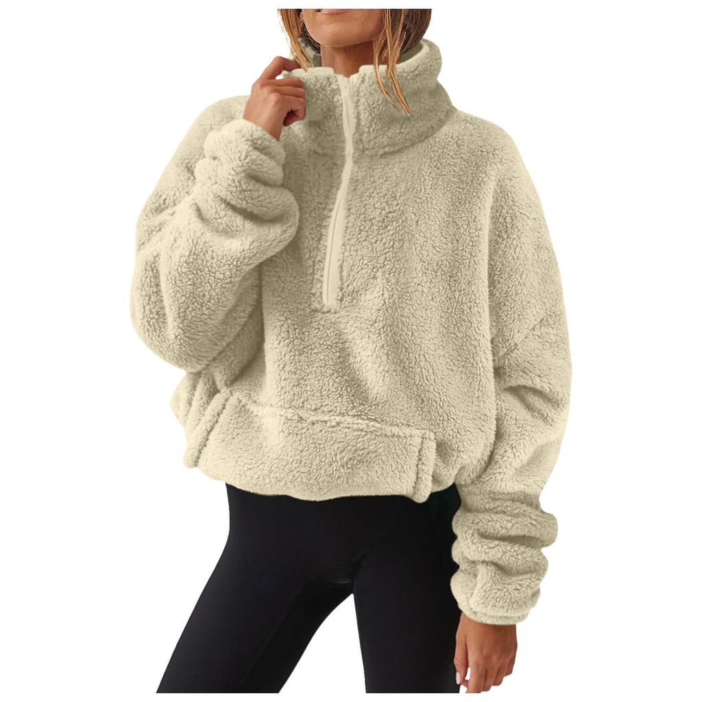 Generisch Fleece Pullover Damen Mit Viertelreißverschluss Teddyfleece Sweatshirts Damen Warme Pullover 1/4 Zip Teddyjacke Flauschig Fleece Winter Sweatshirt Gepolstert mit Stehkragen