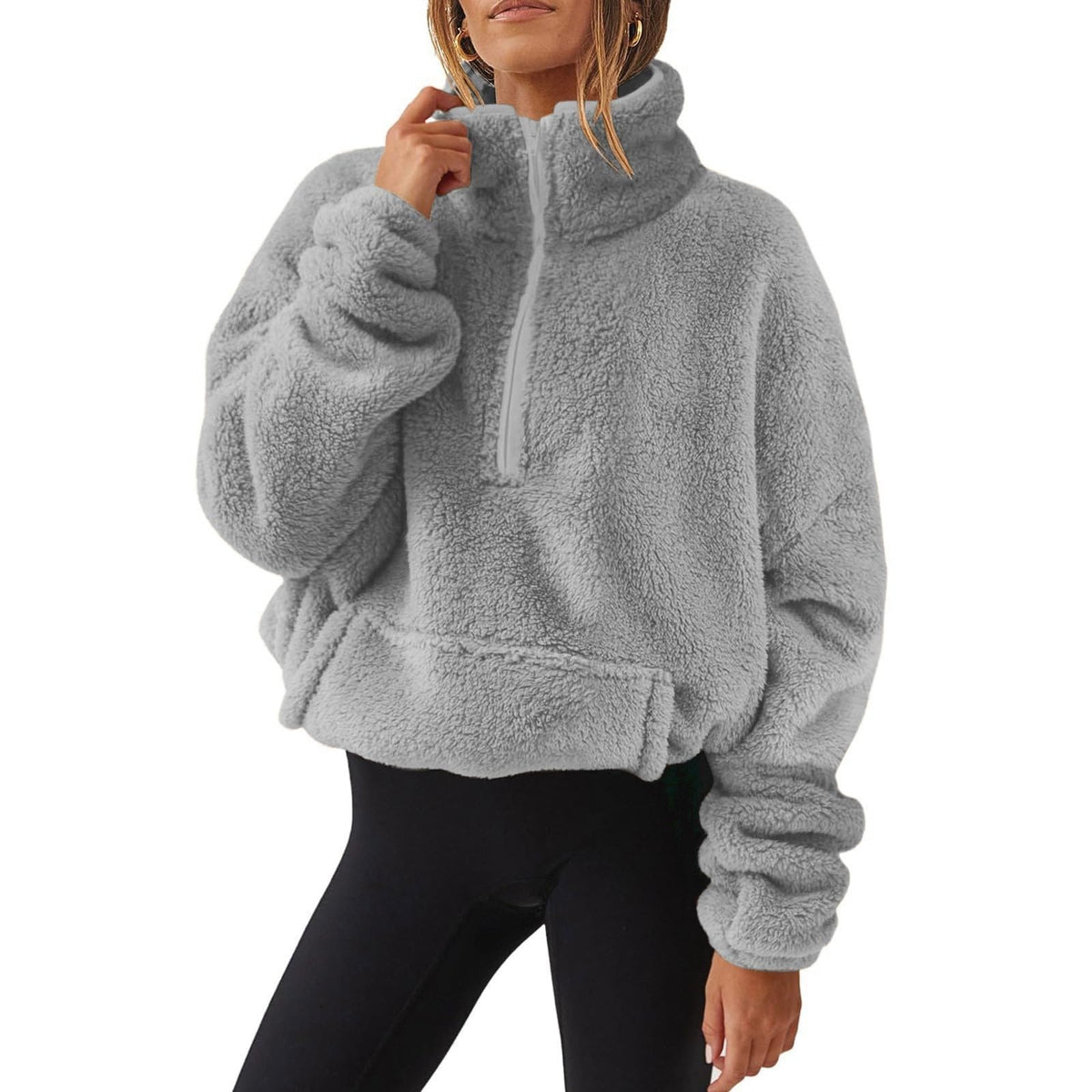 Generisch Fleece Pullover Damen Mit Viertelreißverschluss Teddyfleece Sweatshirts Damen Warme Pullover 1/4 Zip Teddyjacke Flauschig Fleece Winter Sweatshirt Gepolstert mit Stehkragen