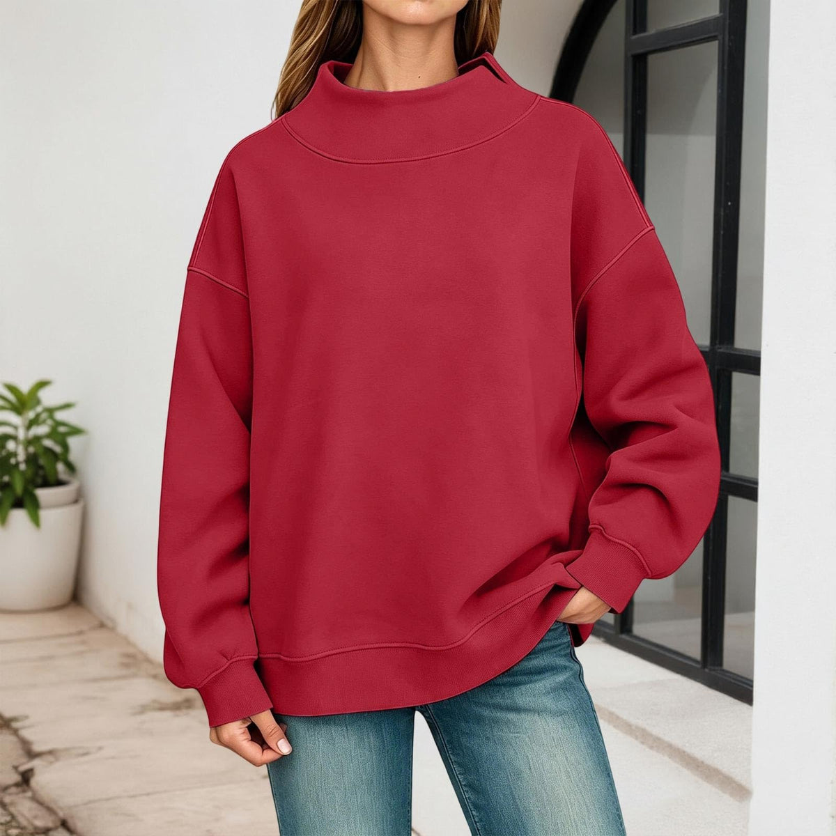 Generisch Pullover Damen Rundhals Sweatshirt Winter Langarmshirt Kragen mit Rundkragen und Schlitz Oberteil Top Oversize Locker Geschnitten Winterpullover Casual Pulli Damenpullover Elegant Pulli