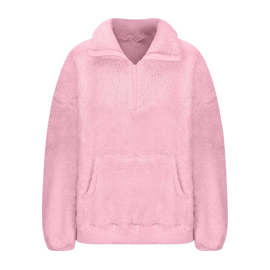 Generisch Fleece Pullover Damen Mit Viertelreißverschluss Teddyfleece Sweatshirts Damen Warme Pullover 1/4 Zip Teddyjacke Flauschig Fleece Winter Sweatshirt Gepolstert mit Stehkragen