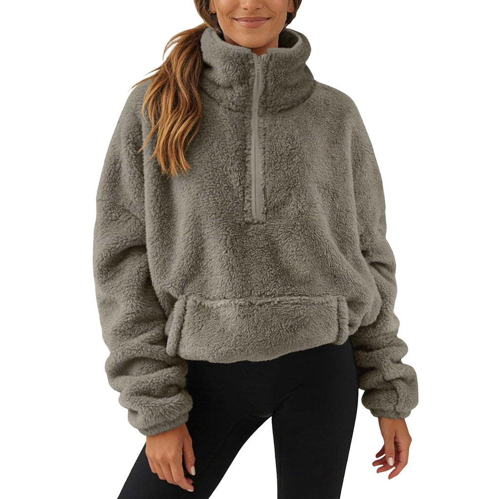 Generisch Fleece Pullover Damen Mit Viertelreißverschluss Teddyfleece Sweatshirts Damen Warme Pullover 1/4 Zip Teddyjacke Flauschig Fleece Winter Sweatshirt Gepolstert mit Stehkragen
