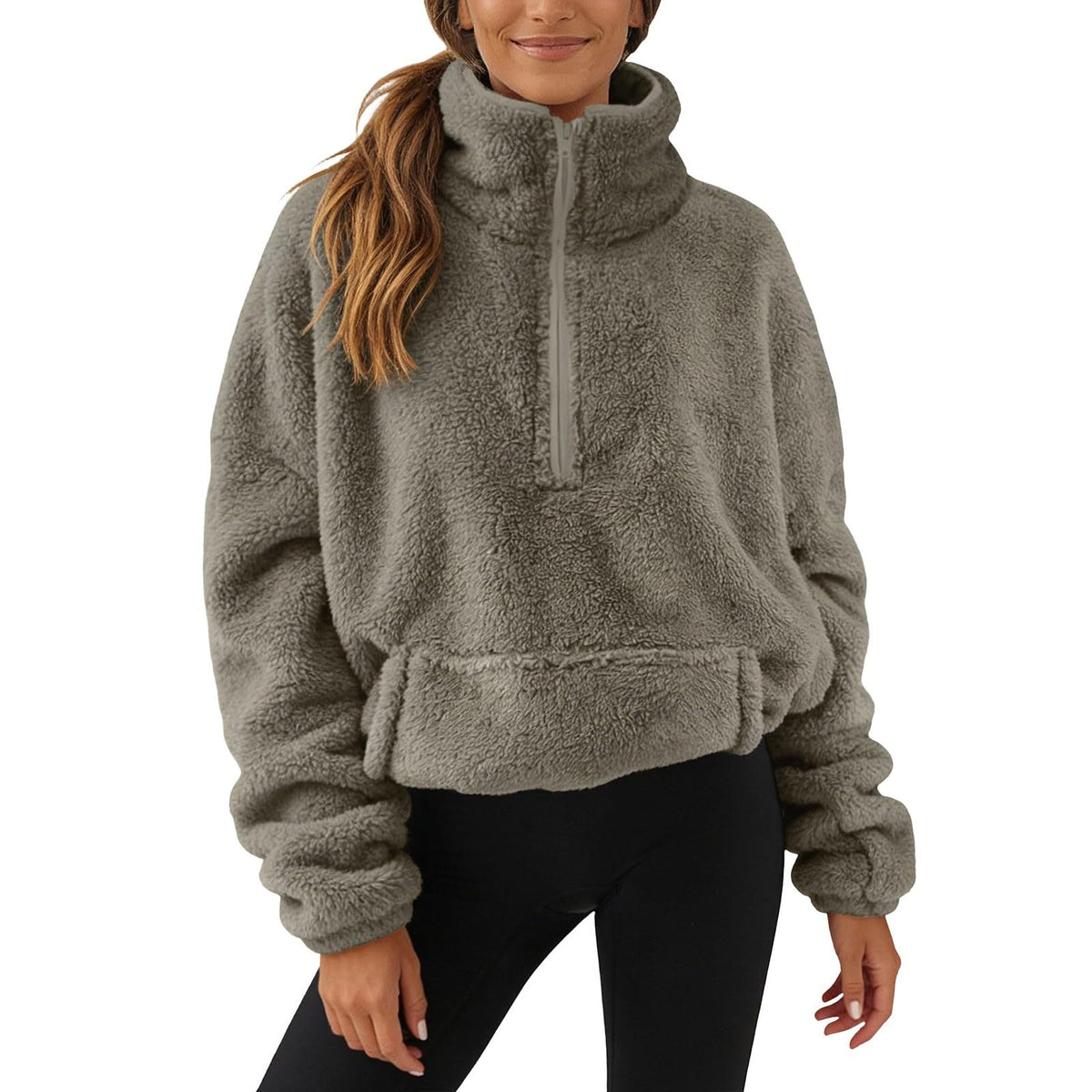 Generisch Fleece Pullover Damen Mit Viertelreißverschluss Teddyfleece Sweatshirts Damen Warme Pullover 1/4 Zip Teddyjacke Flauschig Fleece Winter Sweatshirt Gepolstert mit Stehkragen