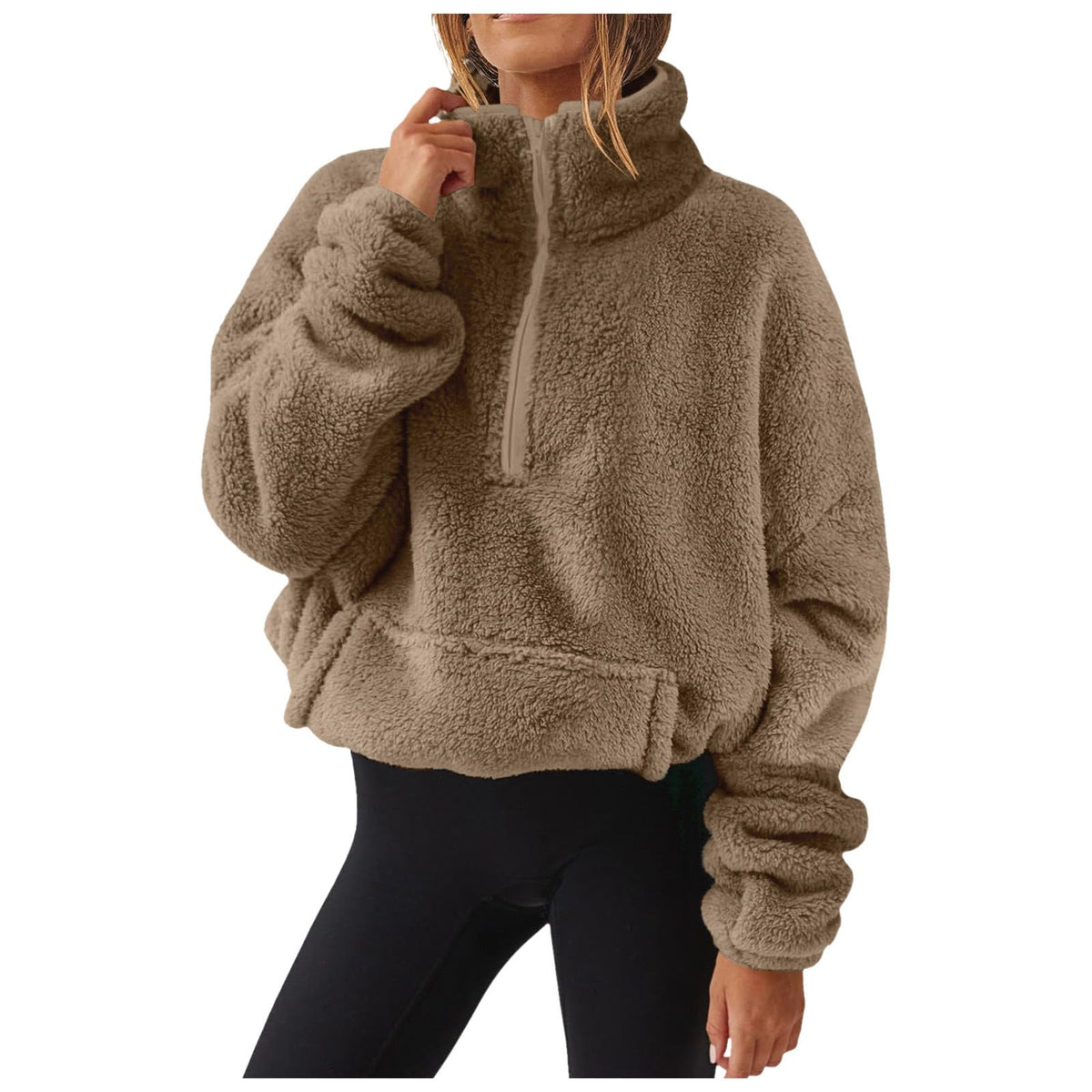 Generisch Fleece Pullover Damen Mit Viertelreißverschluss Teddyfleece Sweatshirts Damen Warme Pullover 1/4 Zip Teddyjacke Flauschig Fleece Winter Sweatshirt Gepolstert mit Stehkragen
