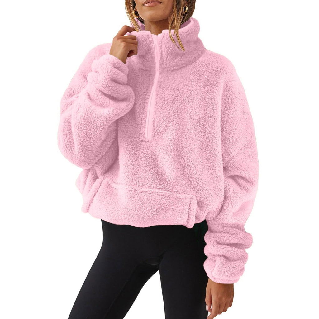 Generisch Fleece Pullover Damen Mit Viertelreißverschluss Teddyfleece Sweatshirts Damen Warme Pullover 1/4 Zip Teddyjacke Flauschig Fleece Winter Sweatshirt Gepolstert mit Stehkragen