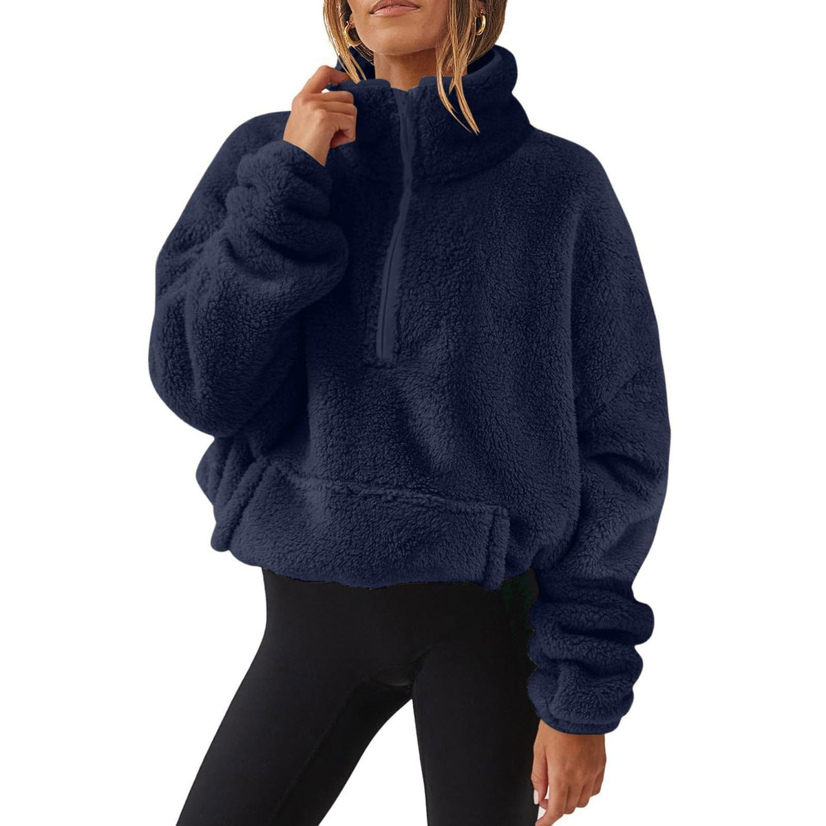 Generisch Fleece Pullover Damen Mit Viertelreißverschluss Teddyfleece Sweatshirts Damen Warme Pullover 1/4 Zip Teddyjacke Flauschig Fleece Winter Sweatshirt Gepolstert mit Stehkragen