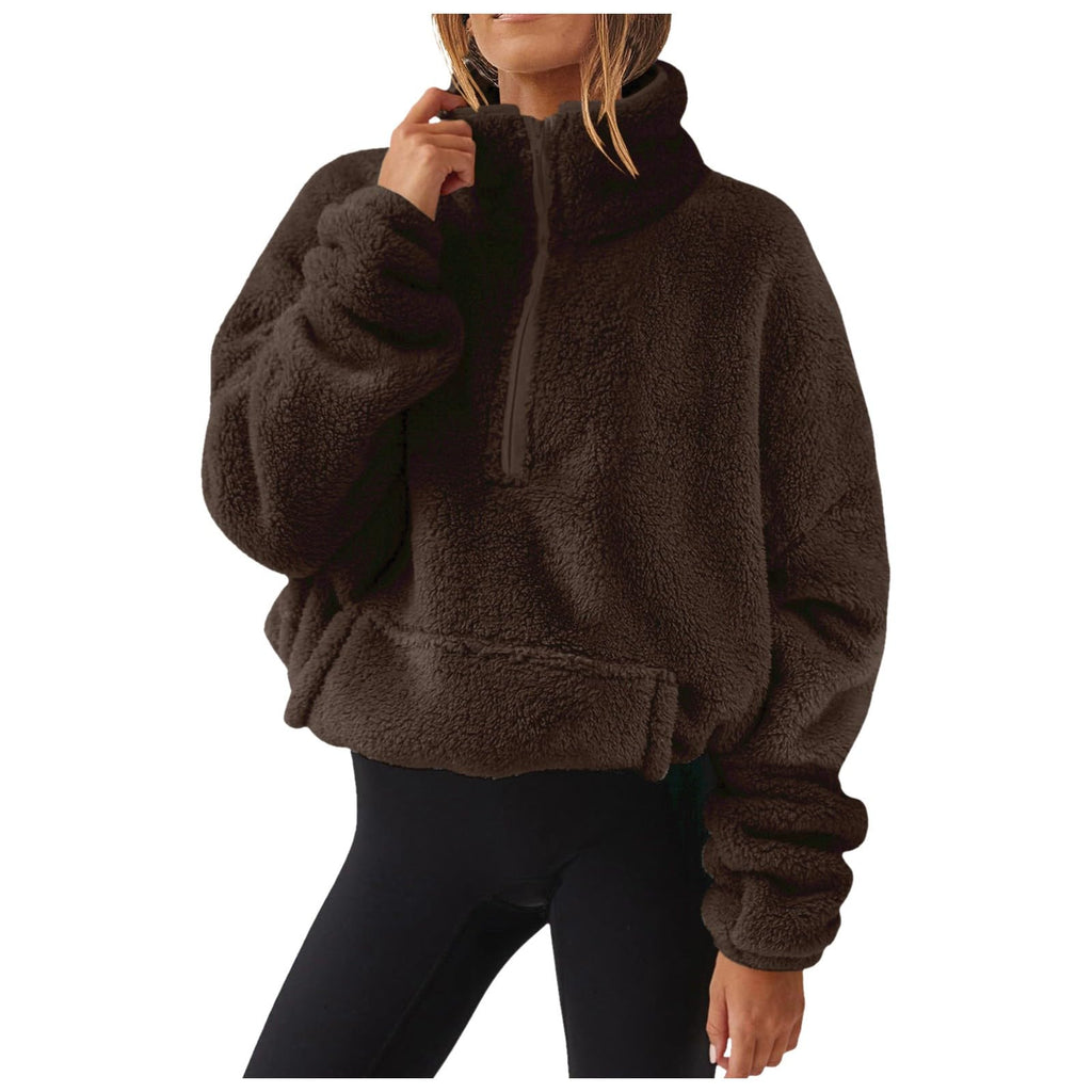 Generisch Fleece Pullover Damen Mit Viertelreißverschluss Teddyfleece Sweatshirts Damen Warme Pullover 1/4 Zip Teddyjacke Flauschig Fleece Winter Sweatshirt Gepolstert mit Stehkragen