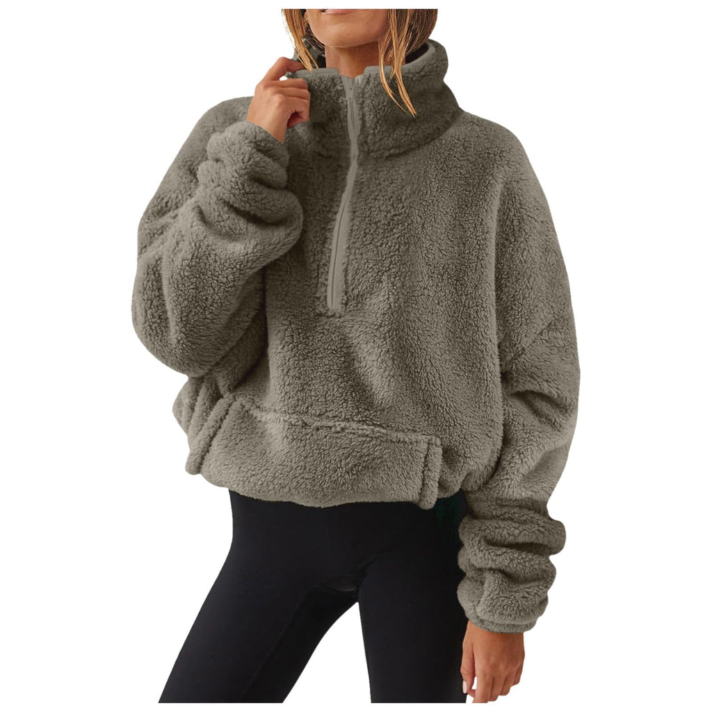 Generisch Fleece Pullover Damen Mit Viertelreißverschluss Teddyfleece Sweatshirts Damen Warme Pullover 1/4 Zip Teddyjacke Flauschig Fleece Winter Sweatshirt Gepolstert mit Stehkragen