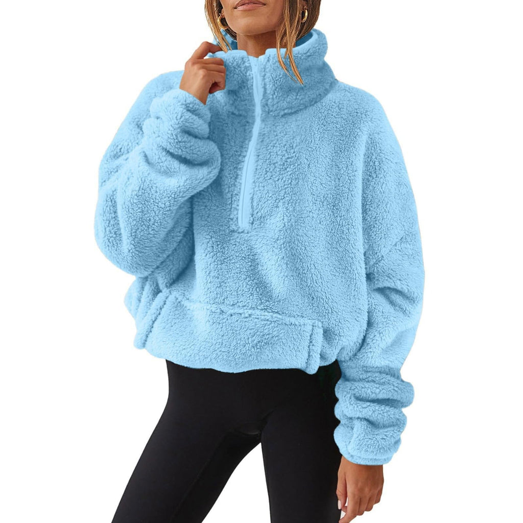 Generisch Fleece Pullover Damen Mit Viertelreißverschluss Teddyfleece Sweatshirts Damen Warme Pullover 1/4 Zip Teddyjacke Flauschig Fleece Winter Sweatshirt Gepolstert mit Stehkragen