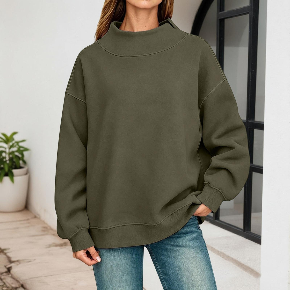 Generisch Pullover Damen Rundhals Sweatshirt Winter Langarmshirt Kragen mit Rundkragen und Schlitz Oberteil Top Oversize Locker Geschnitten Winterpullover Casual Pulli Damenpullover Elegant Pulli
