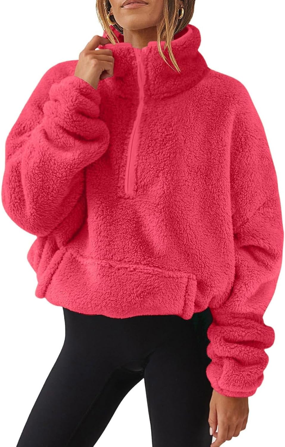 Generisch Fleece Pullover Damen Mit Viertelreißverschluss Teddyfleece Sweatshirts Damen Warme Pullover 1/4 Zip Teddyjacke Flauschig Fleece Winter Sweatshirt Gepolstert mit Stehkragen