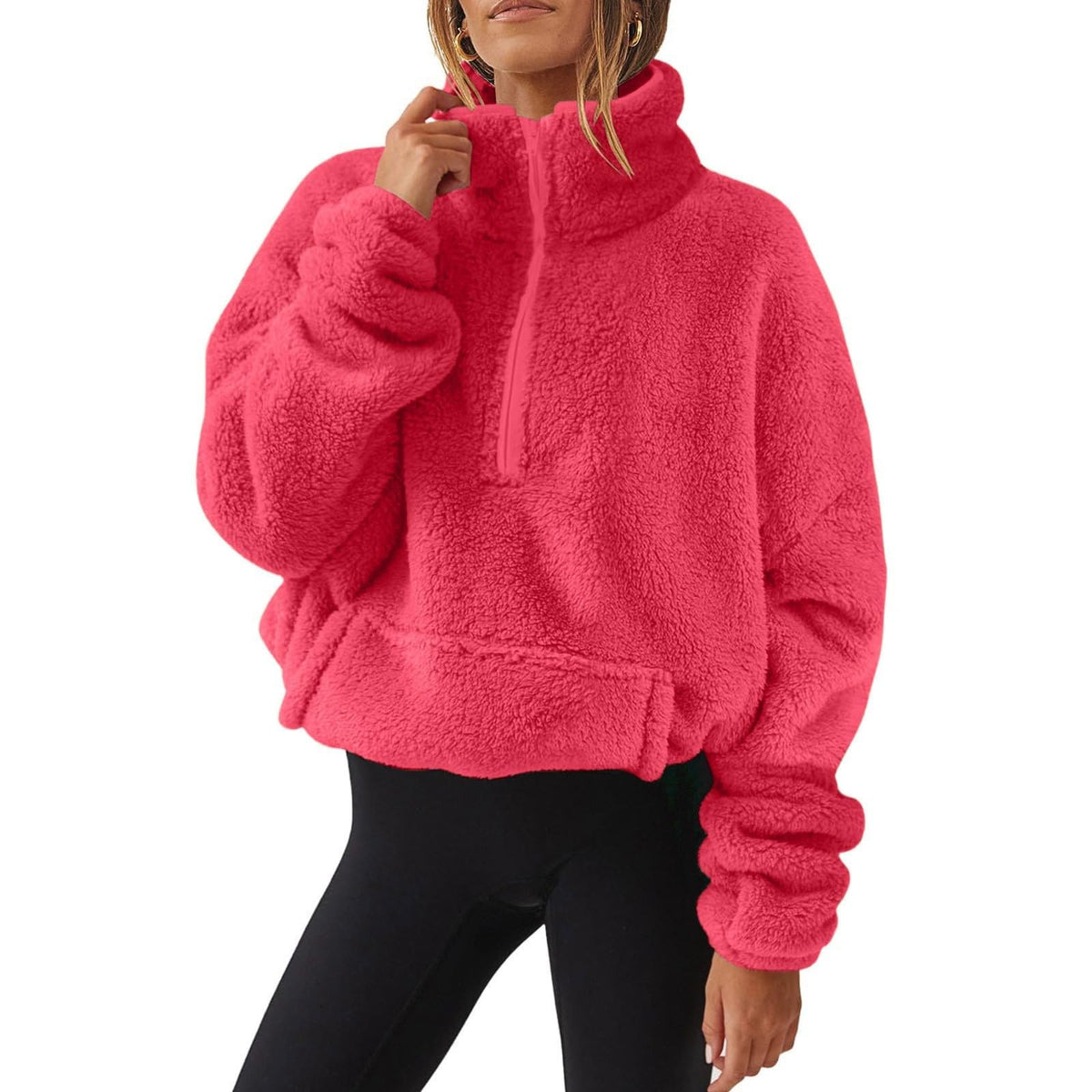 Generisch Fleece Pullover Damen Mit Viertelreißverschluss Teddyfleece Sweatshirts Damen Warme Pullover 1/4 Zip Teddyjacke Flauschig Fleece Winter Sweatshirt Gepolstert mit Stehkragen